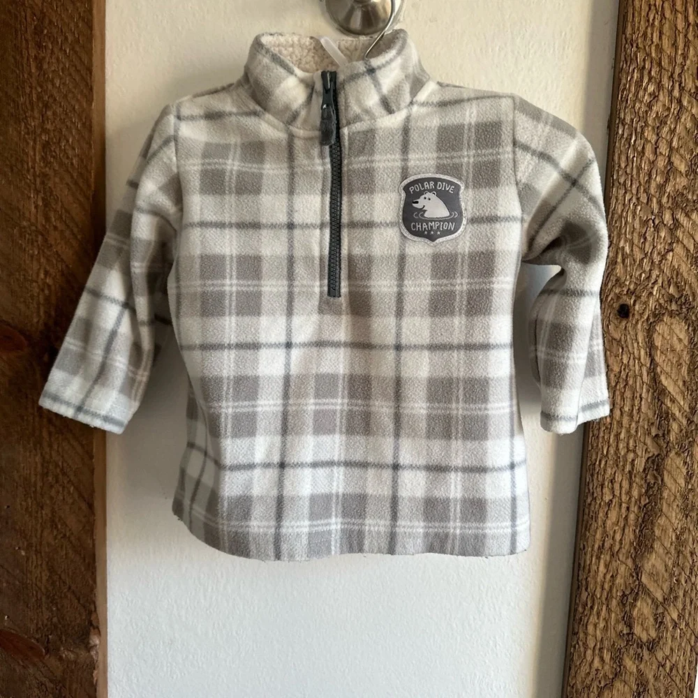 Checkered Gray and White Fleece Pullover 6M Baby Boy
